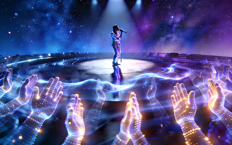 星光舞台用户才艺表演概念图 - 虚拟舞台上有歌手演唱，台下漂浮着发光的虚拟掌声